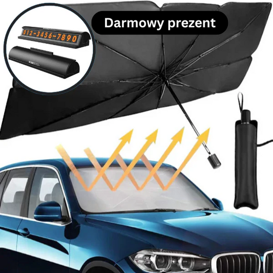 Zestaw 1+1 GRATIS: Składana parasolka przeciwsłoneczna do przedniej szyby samochodu + Uchwyt na numer telefonu parkingowego GRATIS
