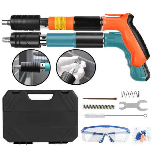 Ręczny pistolet do mocowania gwoździ / nitów, długość 30 cm, kaliber 7,3 cm, pneumatyczny, akcesoria, okulary ochronne, pudełko transportowe, niebieski + 50 gwoździ w zestawie