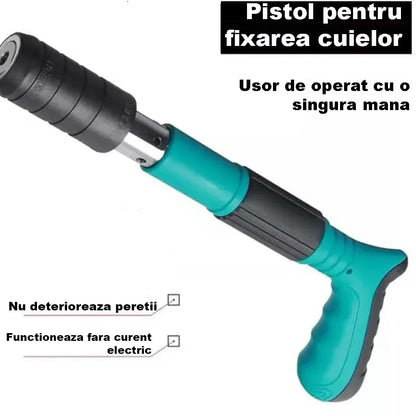 Ręczny pistolet do mocowania gwoździ / nitów, długość 30 cm, kaliber 7,3 cm, pneumatyczny, akcesoria, okulary ochronne, pudełko transportowe, niebieski + 50 gwoździ w zestawie